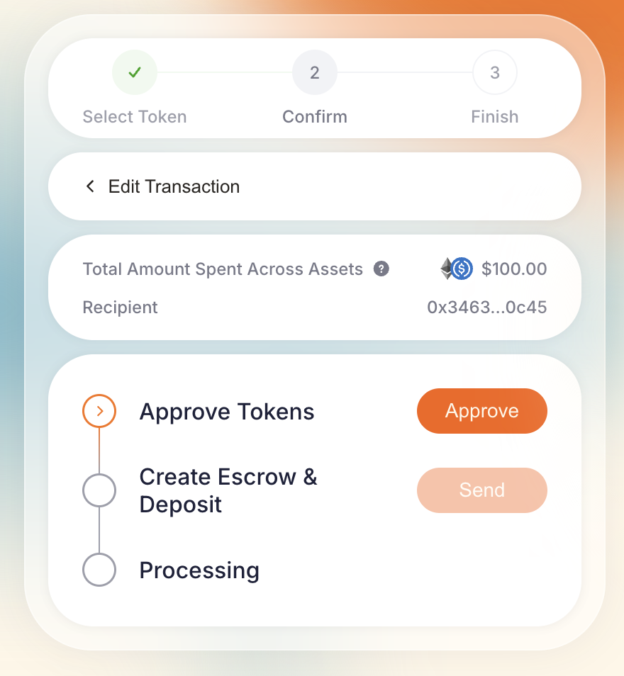 Mirage confirmation screen showing token approval, escrow creation, and transaction processing