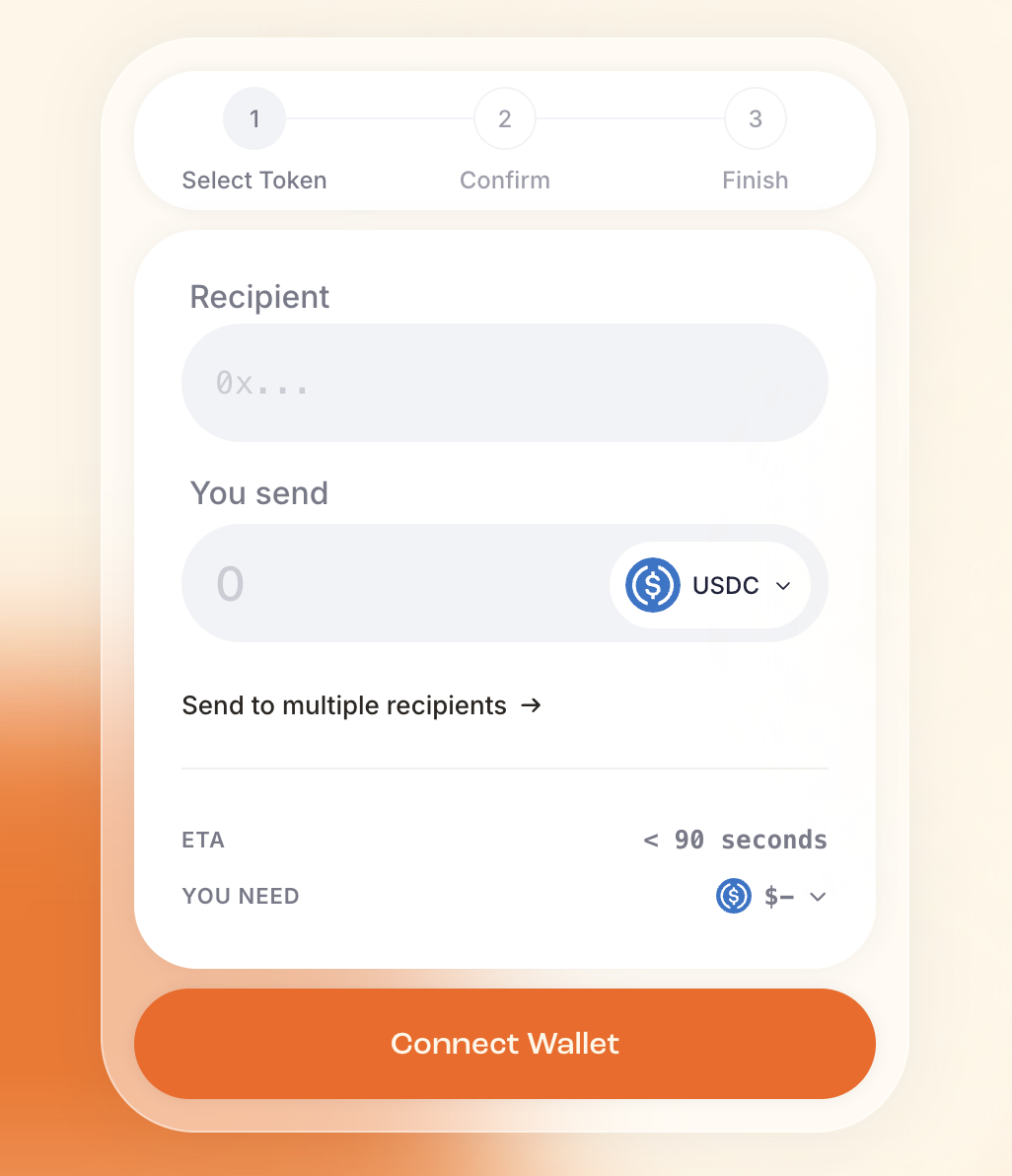 Mirage transfer form showing the recipient, token, and amount fields